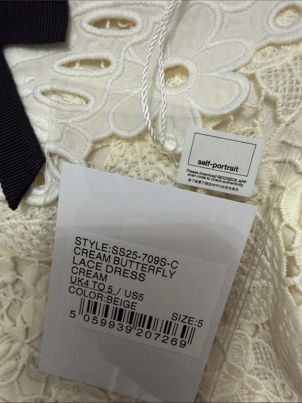Self-Portrait Cream Lace Girls' Dress with Black Bow